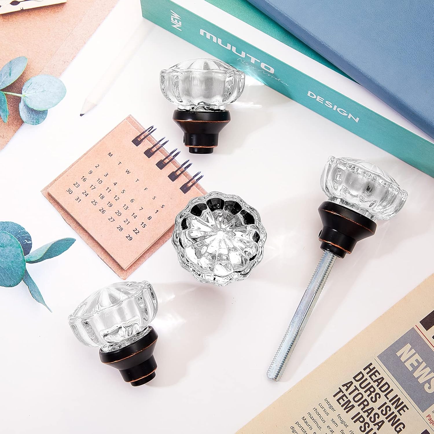 Set of 2 Antique Bronze Fluted Crystal Glass Door Knobs with Spindle - Mortise Style for Home Interior