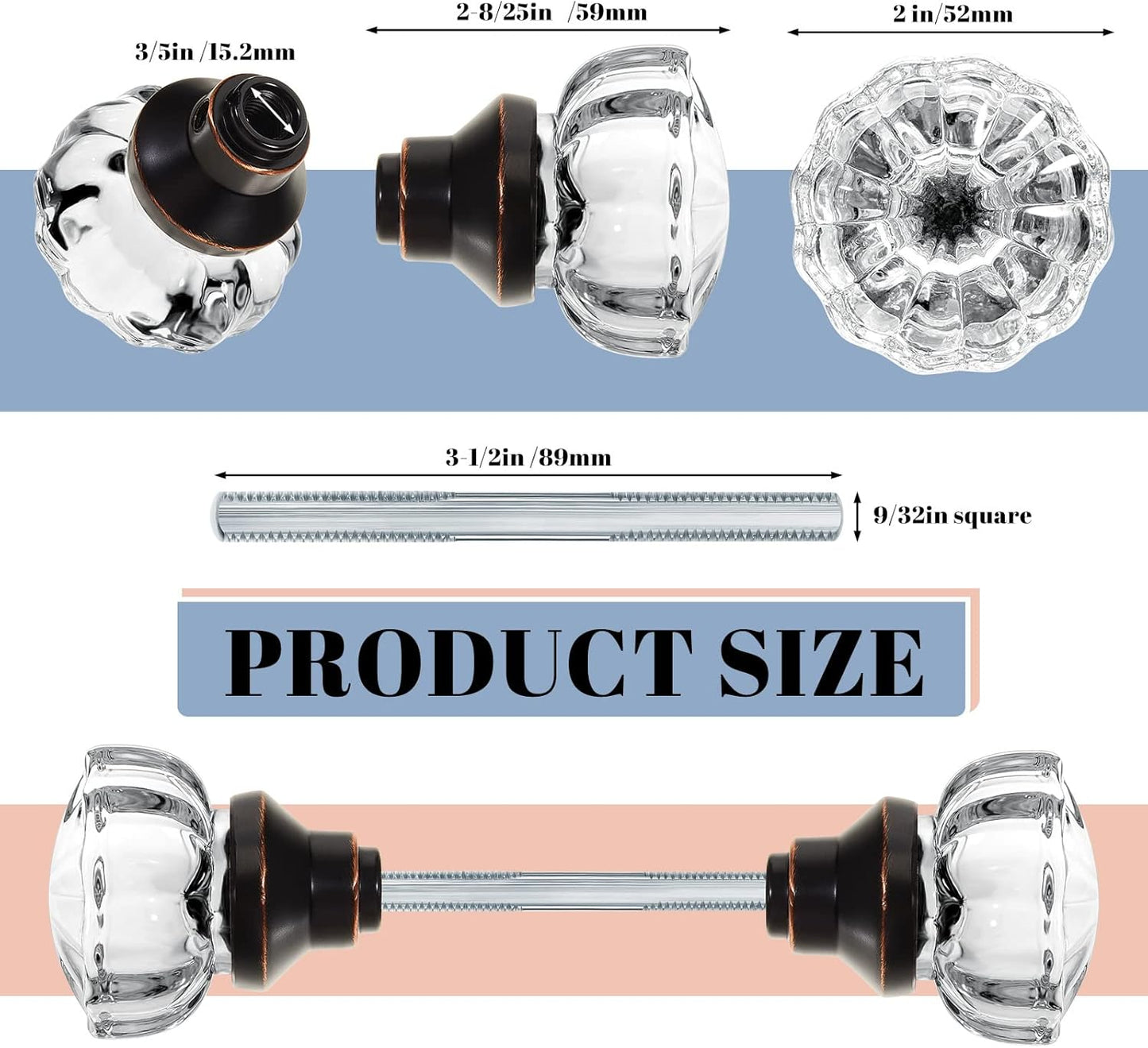 Set of 2 Antique Bronze Fluted Crystal Glass Door Knobs with Spindle - Mortise Style for Home Interior