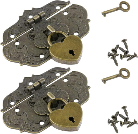Set of 2 Antique Carved Decorative Buckle Door Latches with Heart-shaped Padlock for Furniture and Jewelry Boxes