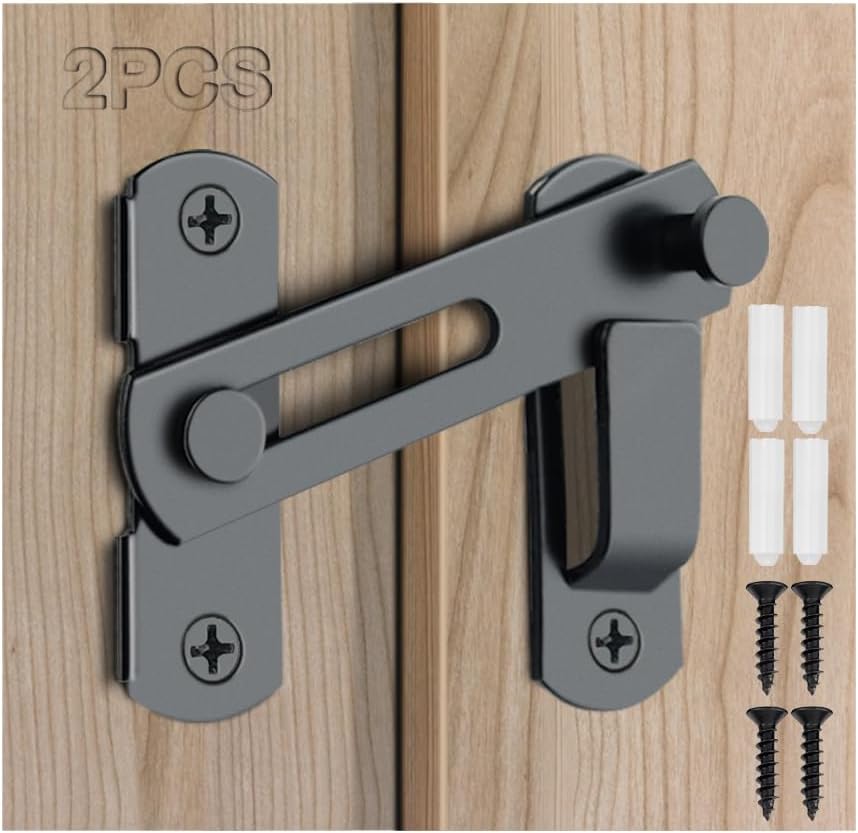 Set of 2 Black 180 Degree Flip Barn Door Locks - Ideal for Sliding Doors, Gates, Pet Doors, Garages, Bathrooms, Windows, and Outdoors