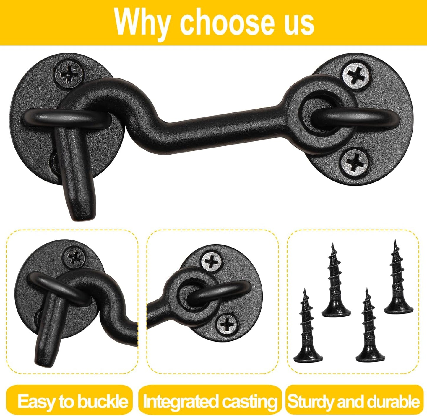 Set of 2 Black 4" Barn Door Hook and Eye Latch for Indoor/Outdoor Use