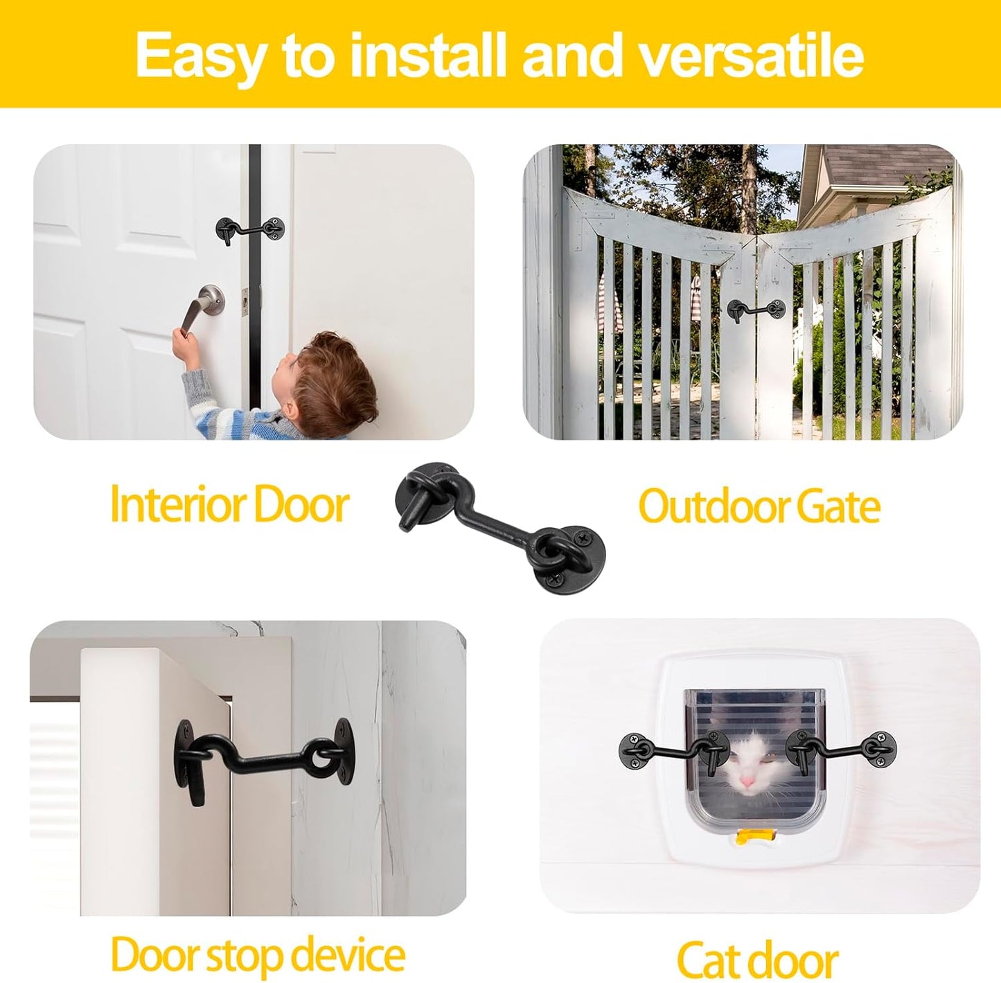 Set of 2 Black 4" Barn Door Hook and Eye Latch for Indoor/Outdoor Use