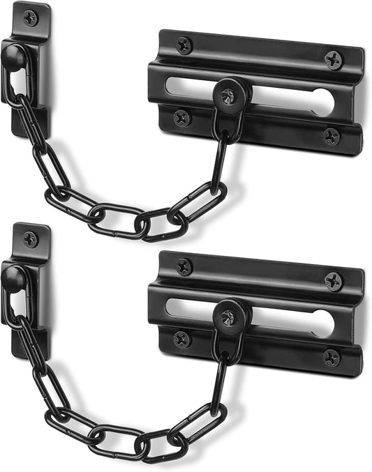 Set of 2 Black Door Chain Locks for Interior Security, Heavy-Duty Thickened Chain Lock with 12 Screws