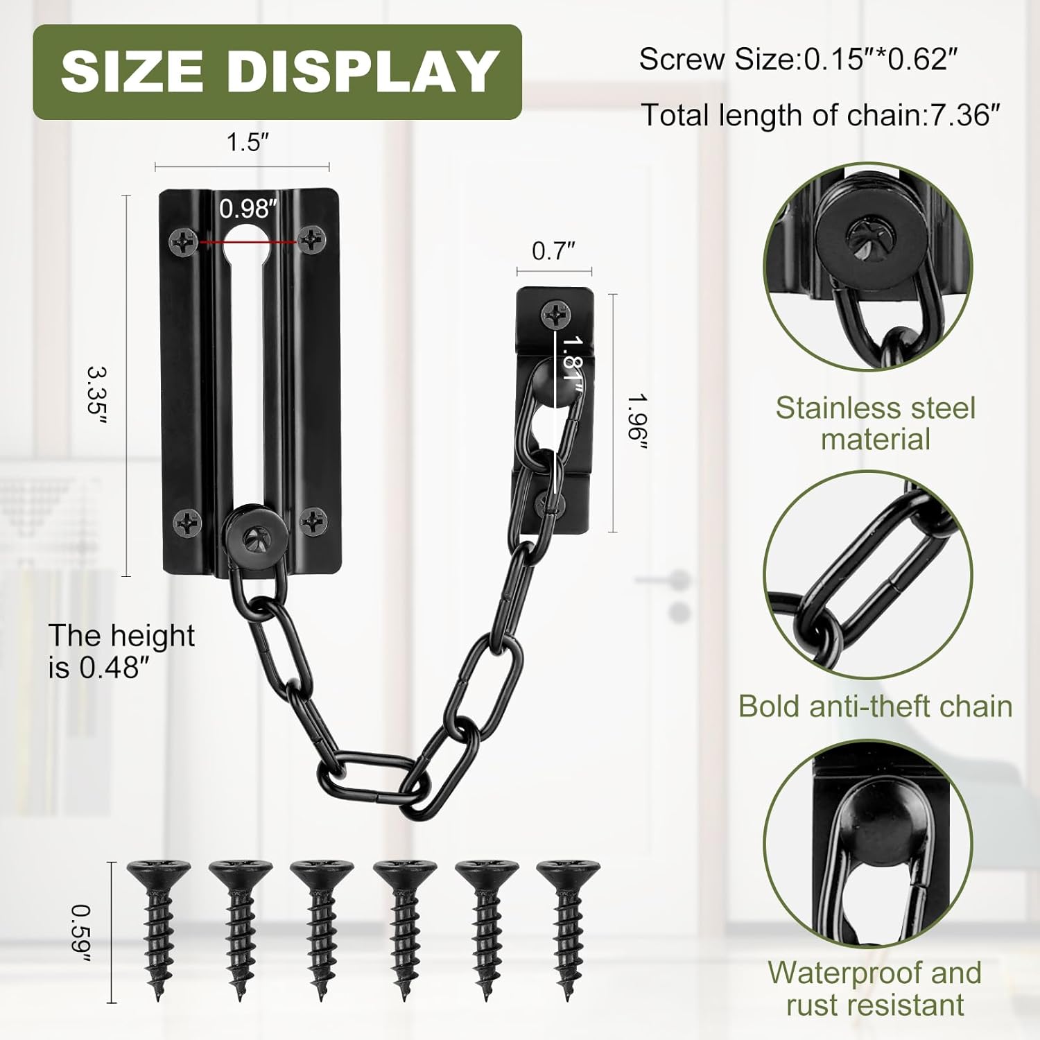 Set of 2 Black Door Chain Locks for Interior Security, Heavy-Duty Thickened Chain Lock with 12 Screws