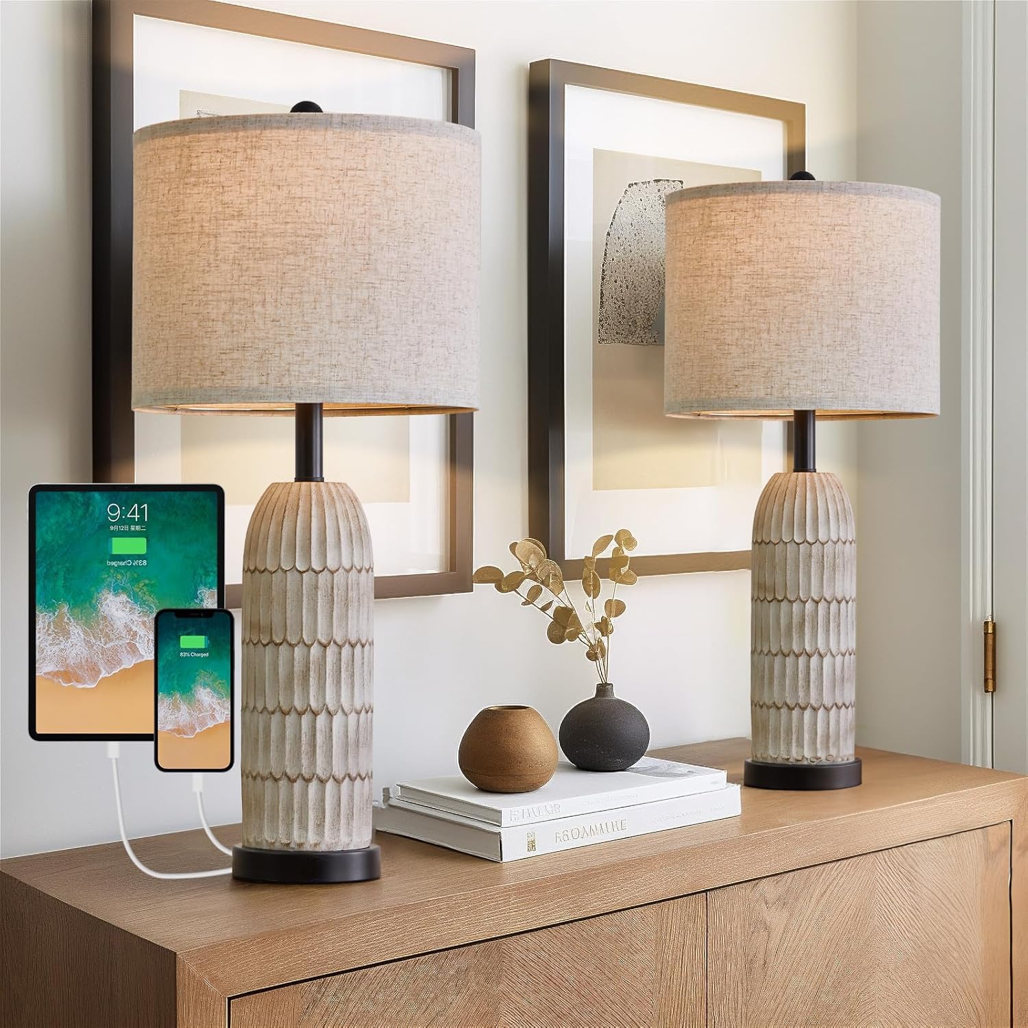 Set of 2 Black Modern Farmhouse Bedside Lamps with USB Charging Ports - 26.5" Table Lamp for Bedroom Living Room - Rustic Nightstand End Lamps
