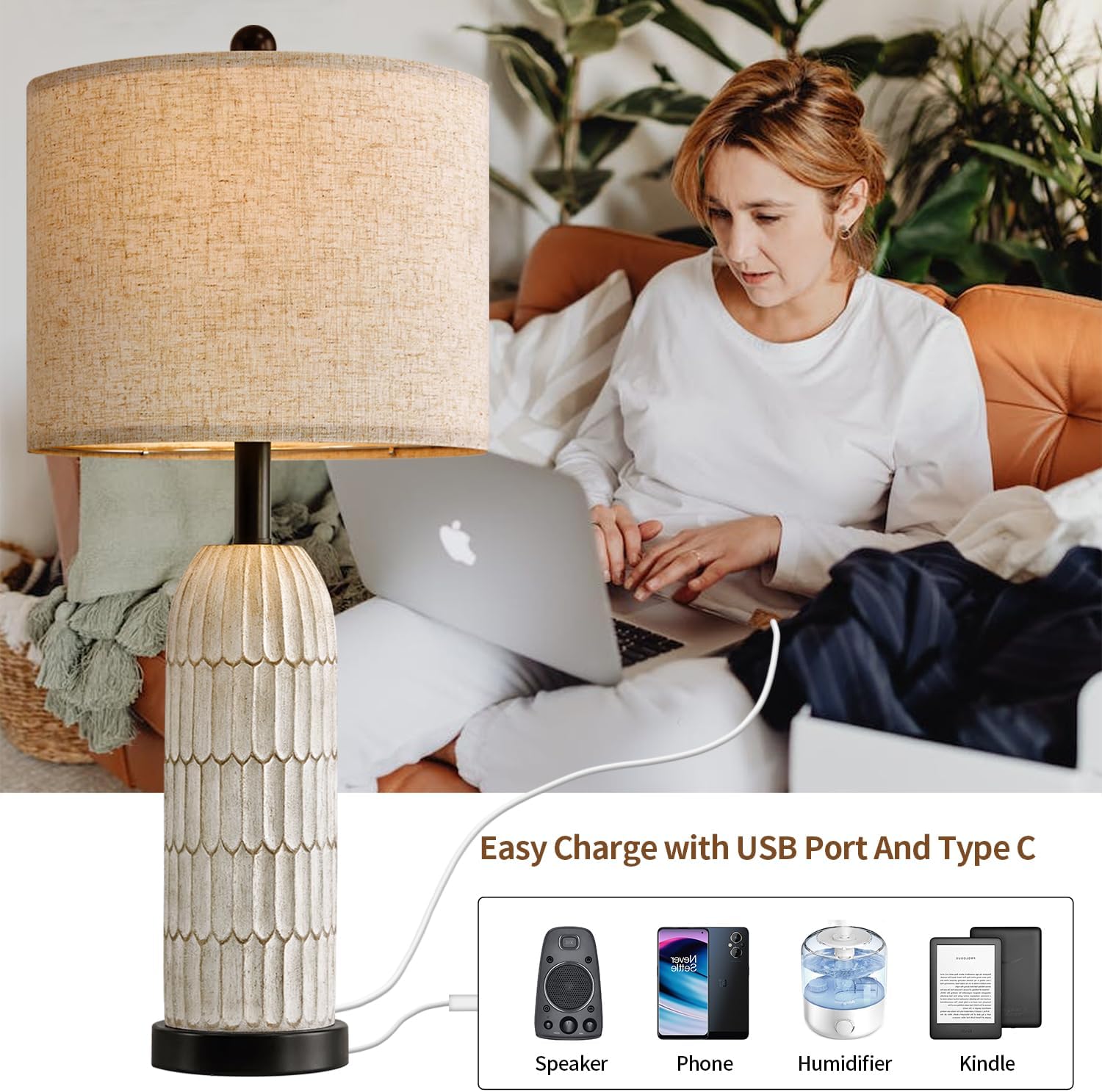 Set of 2 Black Modern Farmhouse Bedside Lamps with USB Charging Ports - 26.5" Table Lamp for Bedroom Living Room - Rustic Nightstand End Lamps