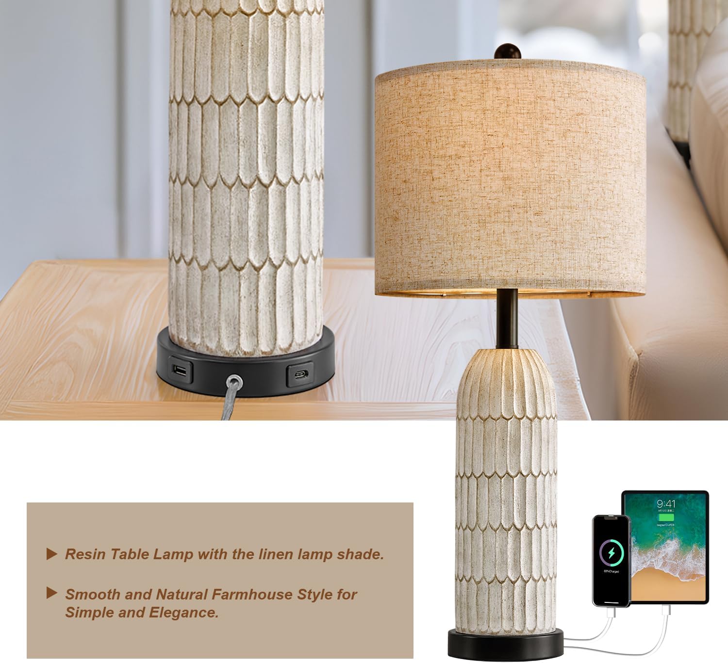 Set of 2 Black Modern Farmhouse Bedside Lamps with USB Charging Ports - 26.5" Table Lamp for Bedroom Living Room - Rustic Nightstand End Lamps