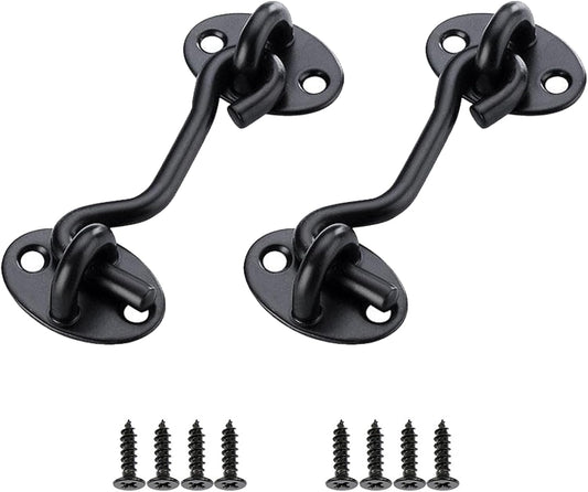 Set of 2 Black Steel Hook and Eye Latch Barn Door Locks - 3 inch for Doors