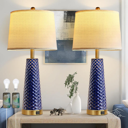 Set of 2 Blue and Gold Ceramic Table Lamps with USB Ports - Perfect for Living Room and Bedroom Nightstands - Includes 2 Bulbs