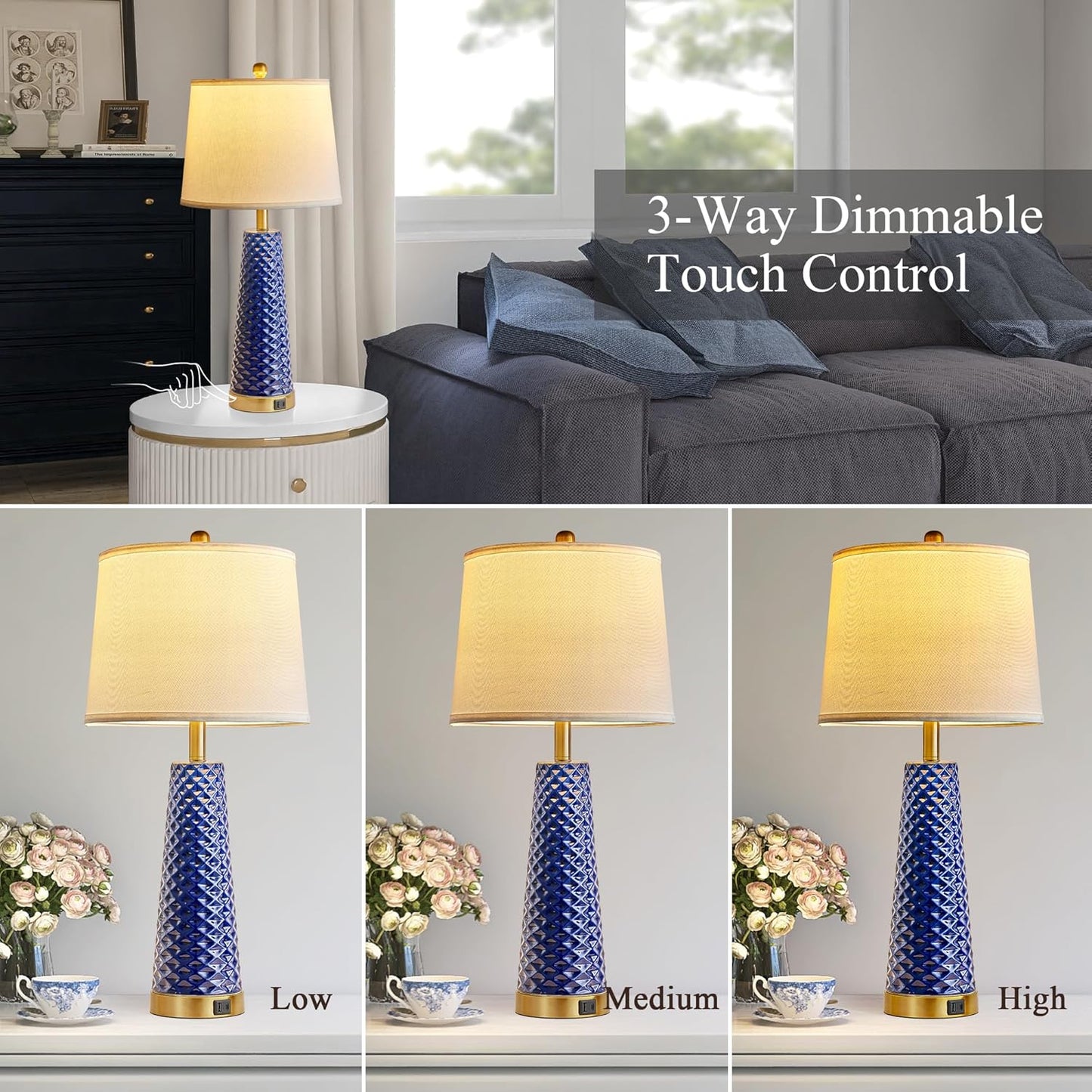 Set of 2 Blue and Gold Ceramic Table Lamps with USB Ports - Perfect for Living Room and Bedroom Nightstands - Includes 2 Bulbs