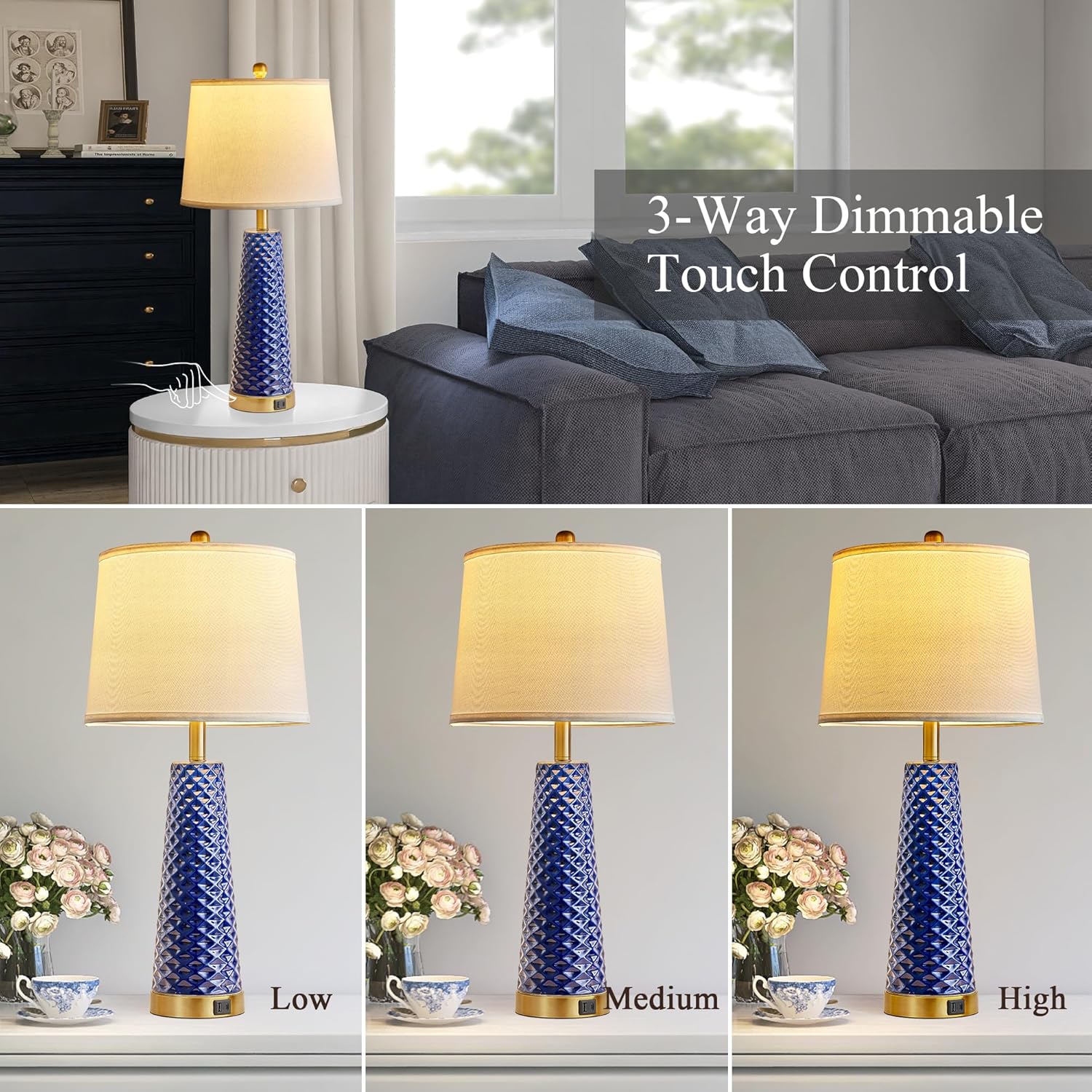 Set of 2 Blue and Gold Ceramic Table Lamps with USB Ports - Perfect for Living Room and Bedroom Nightstands - Includes 2 Bulbs