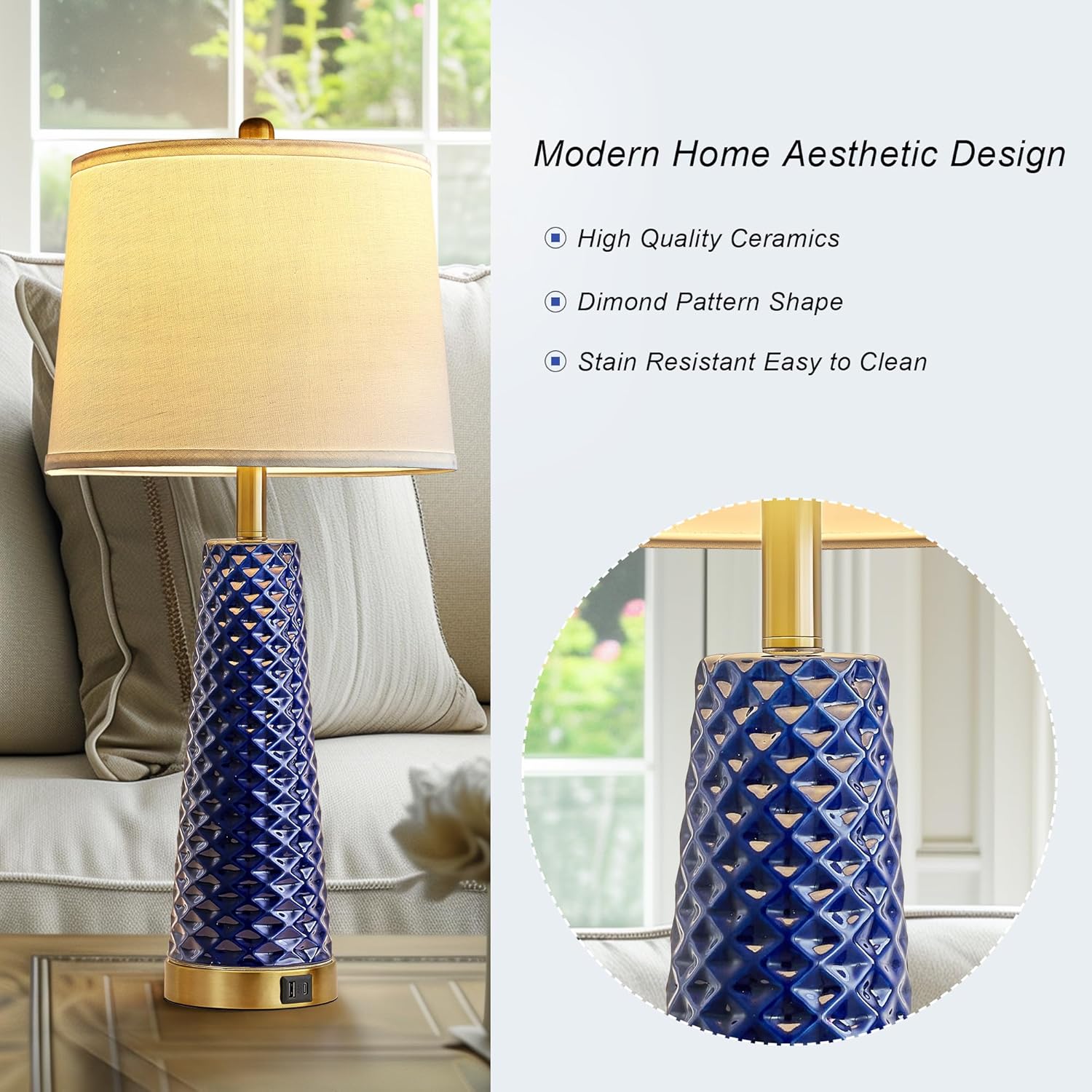 Set of 2 Blue and Gold Ceramic Table Lamps with USB Ports - Perfect for Living Room and Bedroom Nightstands - Includes 2 Bulbs