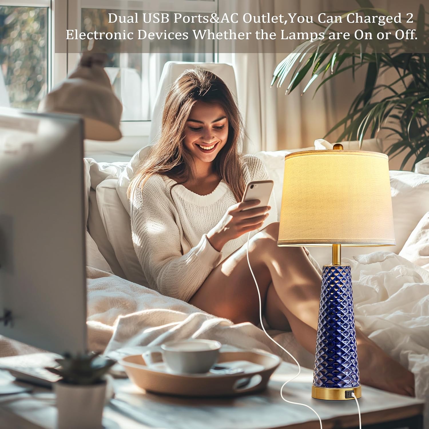 Set of 2 Blue and Gold Ceramic Table Lamps with USB Ports - Perfect for Living Room and Bedroom Nightstands - Includes 2 Bulbs