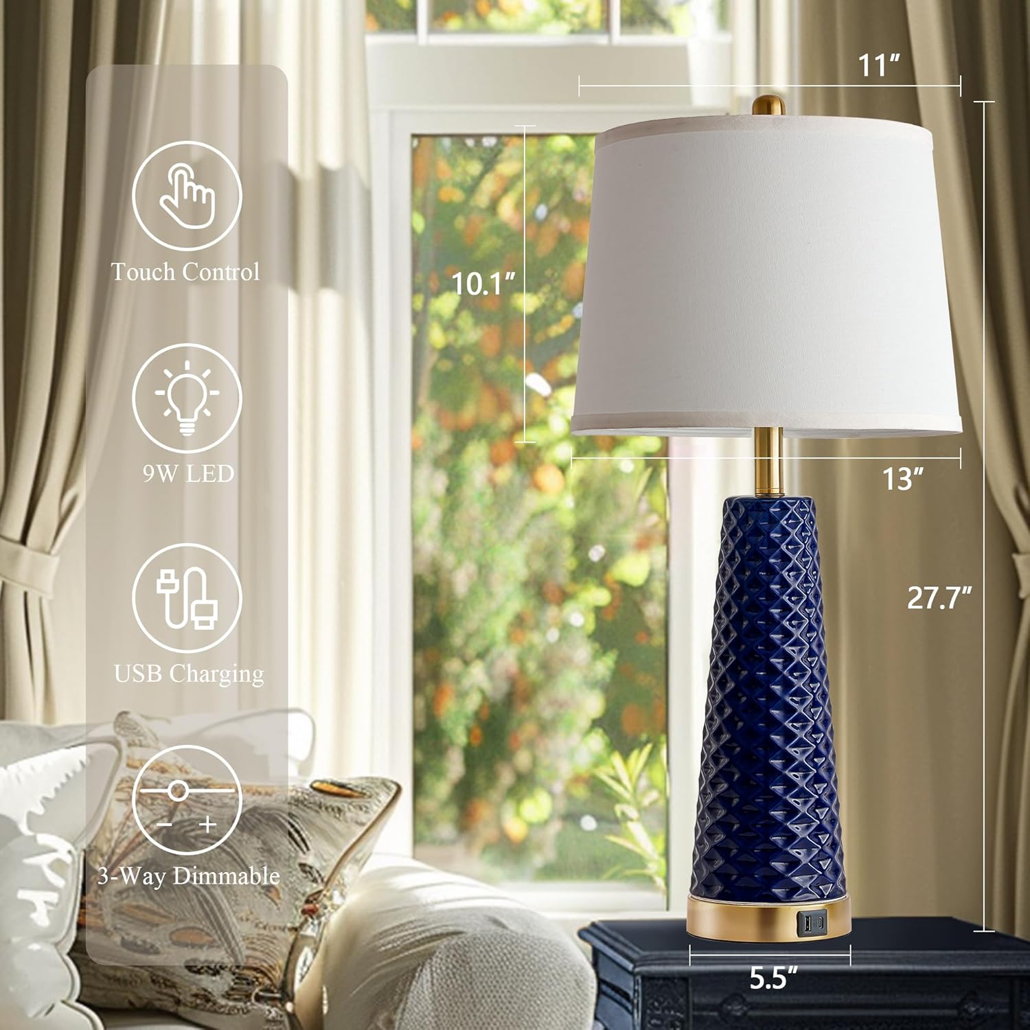 Set of 2 Blue and Gold Ceramic Table Lamps with USB Ports - Perfect for Living Room and Bedroom Nightstands - Includes 2 Bulbs