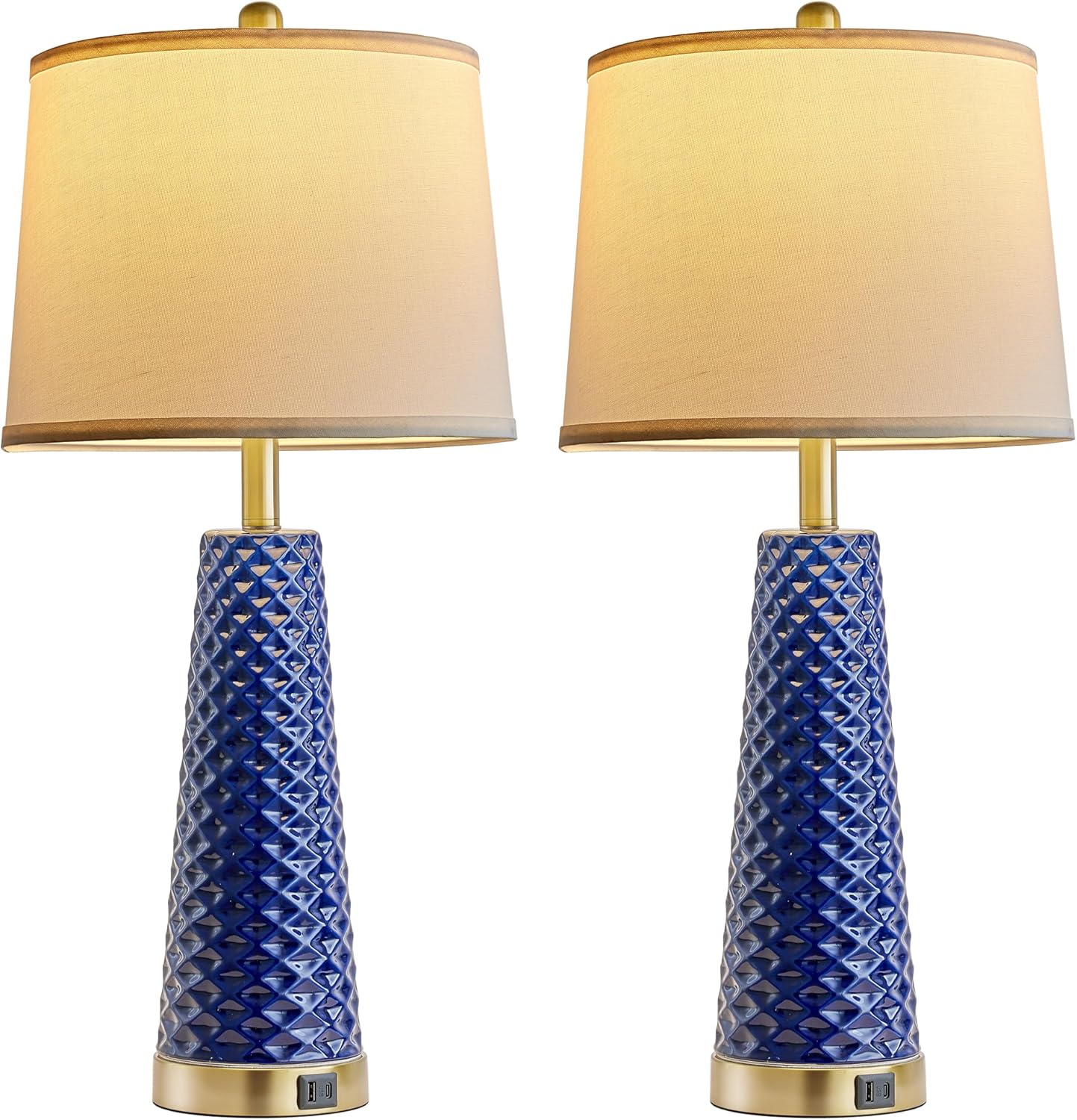 Set of 2 Blue and Gold Ceramic Table Lamps with USB Ports - Perfect for Living Room and Bedroom Nightstands - Includes 2 Bulbs