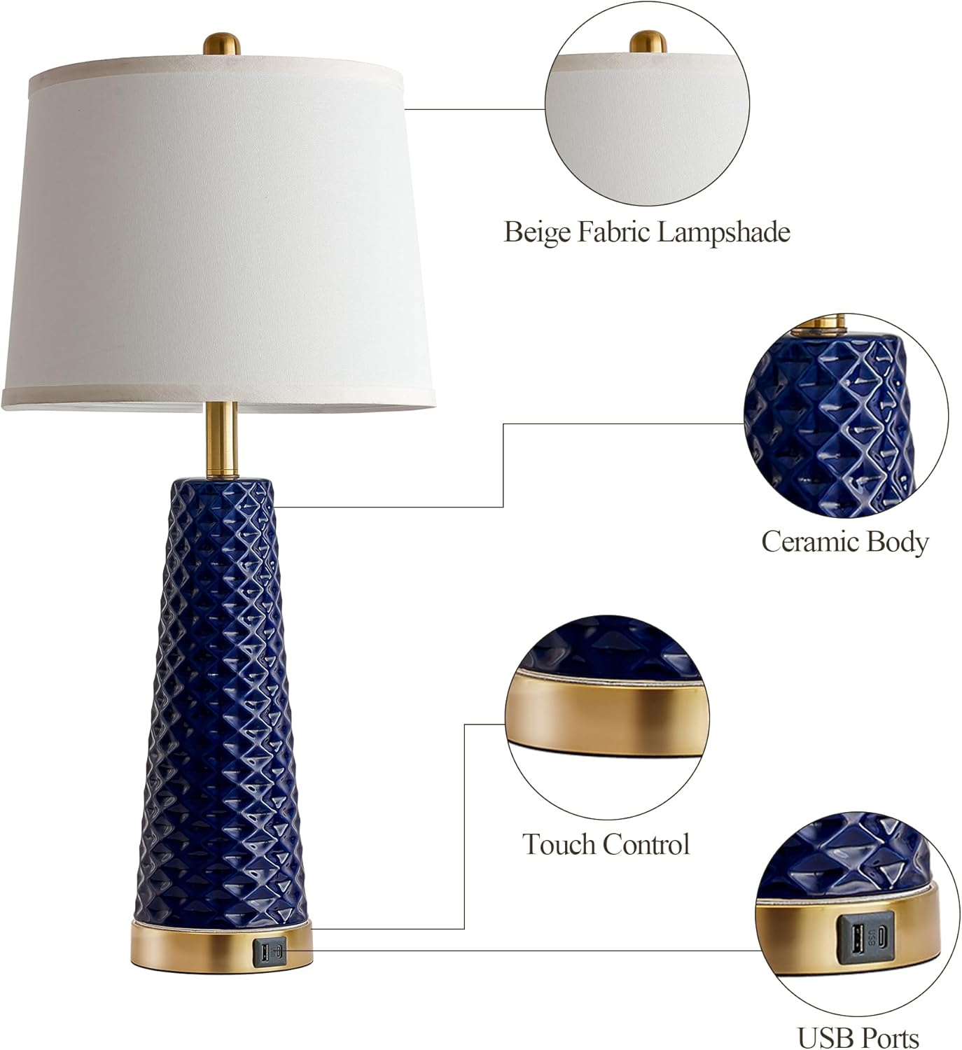 Set of 2 Blue and Gold Ceramic Table Lamps with USB Ports - Perfect for Living Room and Bedroom Nightstands - Includes 2 Bulbs