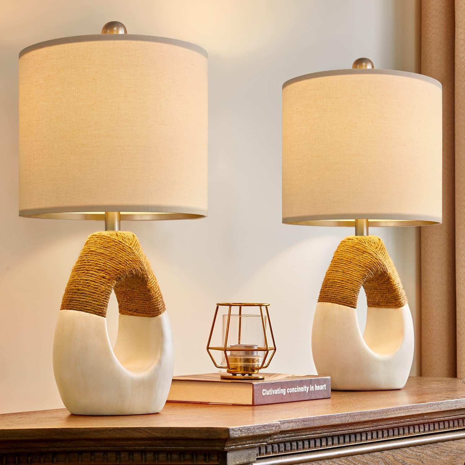 Set of 2 Boho Rattan Table Lamps 19" for Bedroom & Living Room - Rustic Farmhouse Home Decor Nightstand Bedside Lamp - Compatible with Smart Bulbs (Bulbs Not Included)
