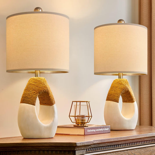Set of 2 Boho Rattan Table Lamps 19" for Bedroom & Living Room - Rustic Farmhouse Home Decor Nightstand Bedside Lamp - Compatible with Smart Bulbs (Bulbs Not Included)