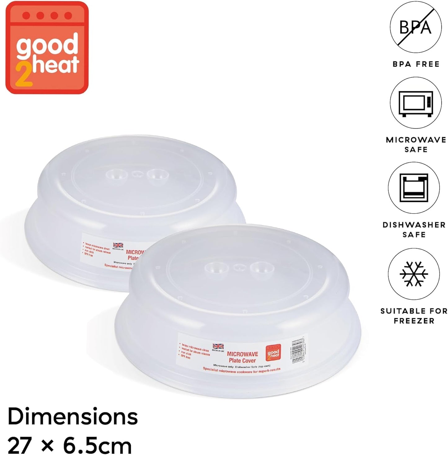 Set of 2 BPA-Free Clear Microwave Plate Covers, 27 x 27 x 6.5 cm, Dishwasher Safe