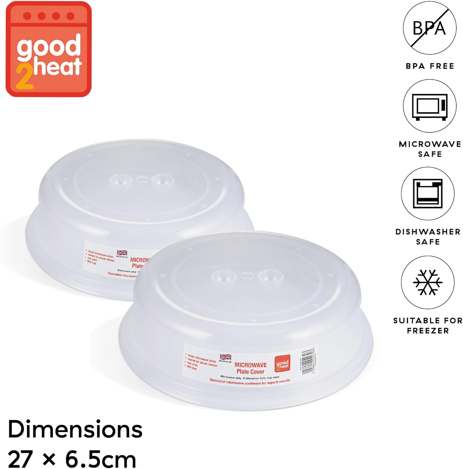 Set of 2 BPA-Free Clear Microwave Plate Covers, 27 x 27 x 6.5 cm, Dishwasher Safe