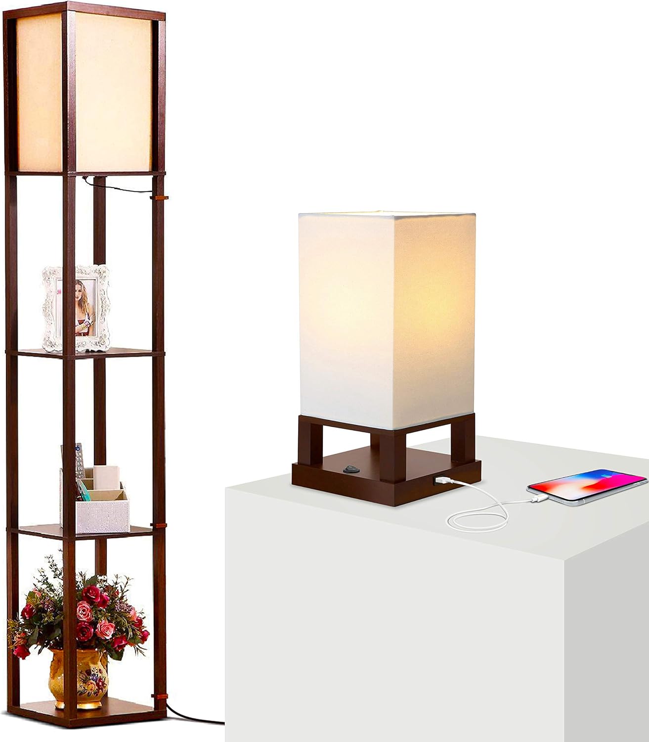 Set of 2 Brightech Maxwell Floor & Table Lamps with USB Port - Modern LED Lamps for Bedrooms and Living Rooms - Soft Ambient Light, Wood Frame, Brown Finish