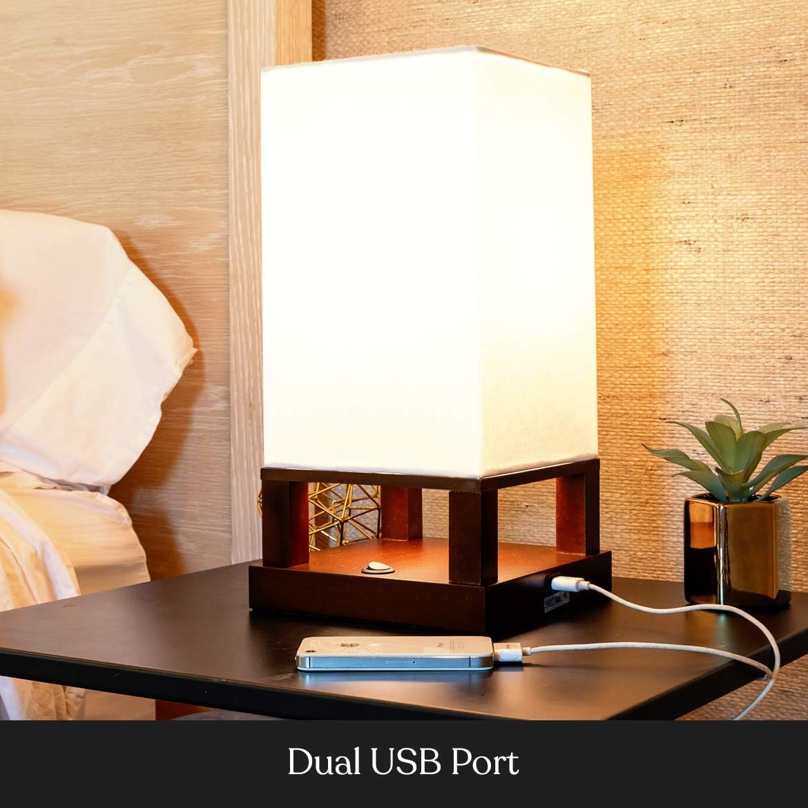 Set of 2 Brightech Maxwell Floor & Table Lamps with USB Port - Modern LED Lamps for Bedrooms and Living Rooms - Soft Ambient Light, Wood Frame, Brown Finish