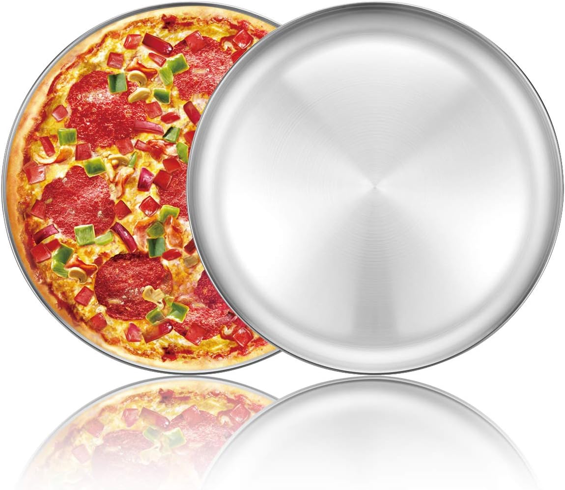 Set of 2 Deedro 12-Inch Stainless Steel Pizza Baking Pans - Round Oven Tray for Healthy Pizza Cooking