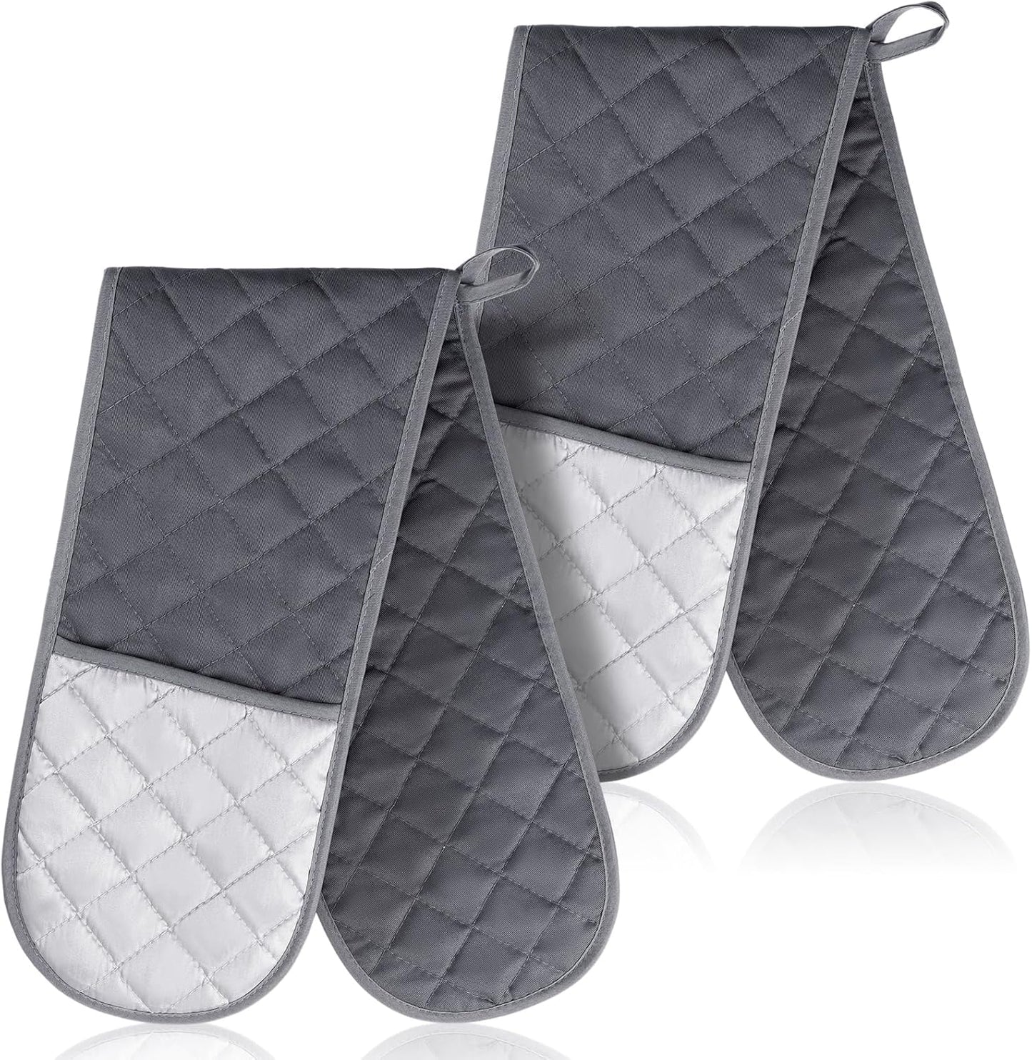 Set of 2 Double Oven Mitts Heat Resistant Gloves for Baking, Cooking, Grilling - Non Slip Kitchen Gloves in Grey - Perfect Gift for Mom, Grandma, Women
