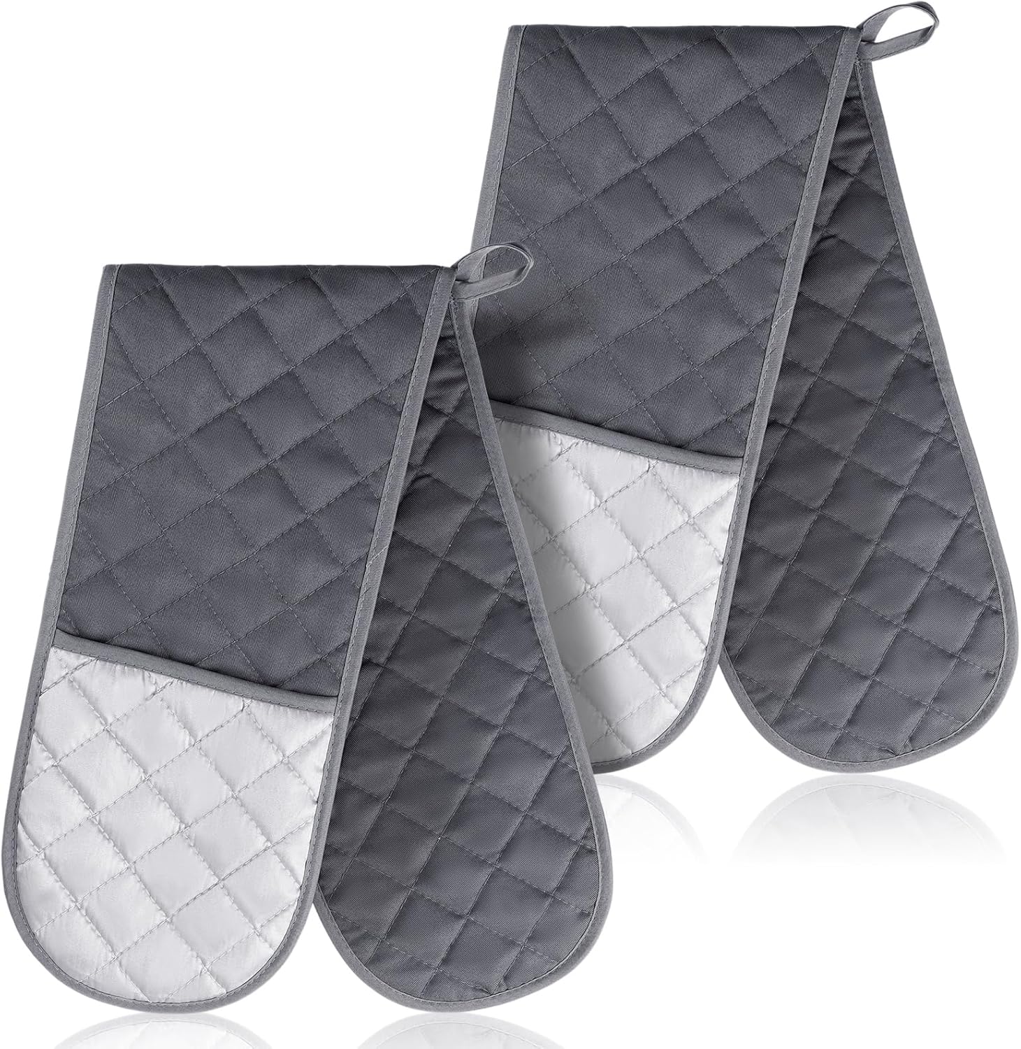 Set of 2 Double Oven Mitts Heat Resistant Gloves for Baking, Cooking, Grilling - Non Slip Kitchen Gloves in Grey - Perfect Gift for Mom, Grandma, Women
