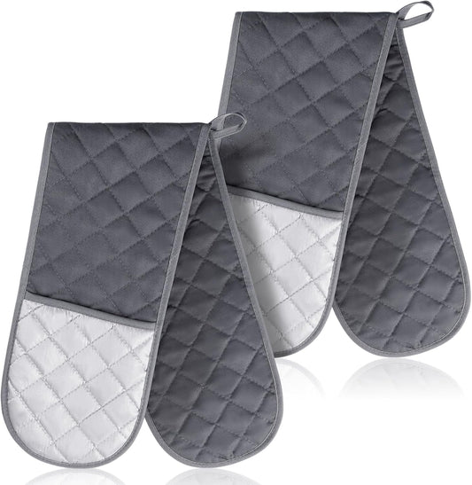 Set of 2 Double Oven Mitts Heat Resistant Gloves for Baking, Cooking, Grilling - Non Slip Kitchen Gloves in Grey - Perfect Gift for Mom, Grandma, Women