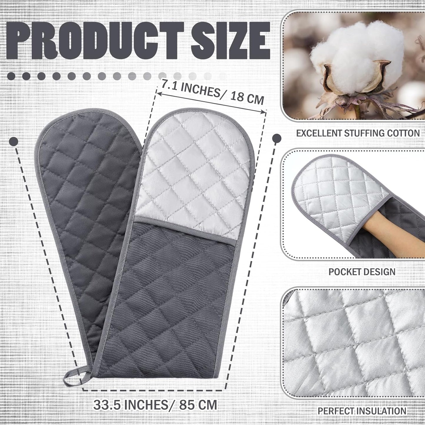 Set of 2 Double Oven Mitts Heat Resistant Gloves for Baking, Cooking, Grilling - Non Slip Kitchen Gloves in Grey - Perfect Gift for Mom, Grandma, Women