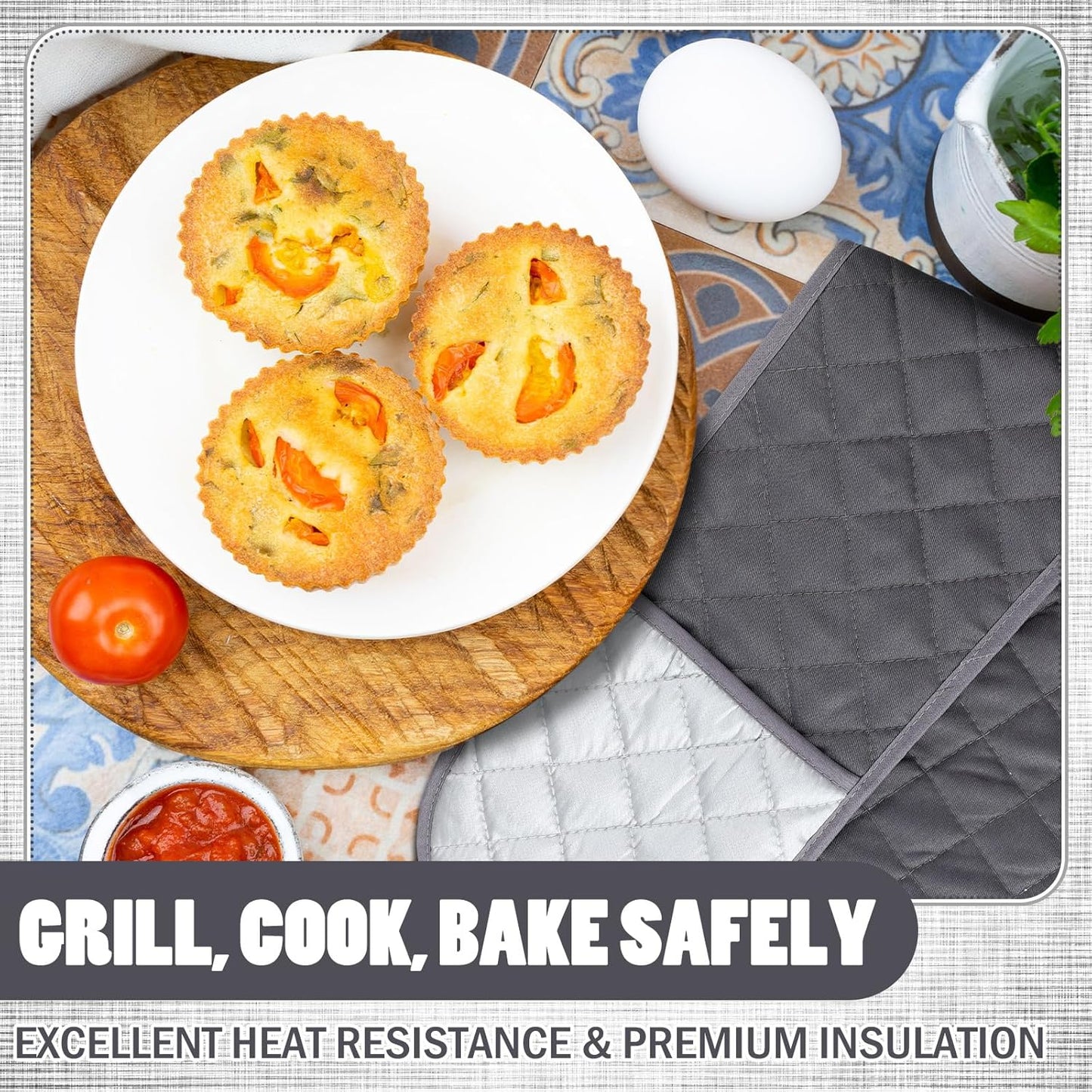 Set of 2 Double Oven Mitts Heat Resistant Gloves for Baking, Cooking, Grilling - Non Slip Kitchen Gloves in Grey - Perfect Gift for Mom, Grandma, Women