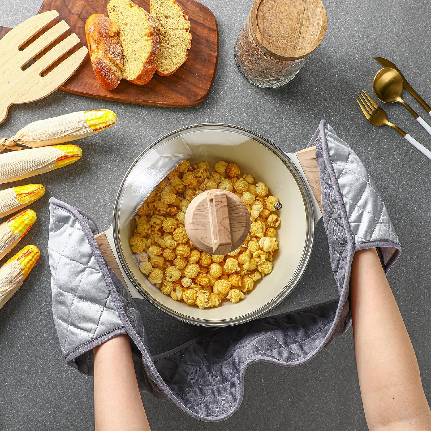 Set of 2 Double Oven Mitts Heat Resistant Gloves for Baking, Cooking, Grilling - Non Slip Kitchen Gloves in Grey - Perfect Gift for Mom, Grandma, Women