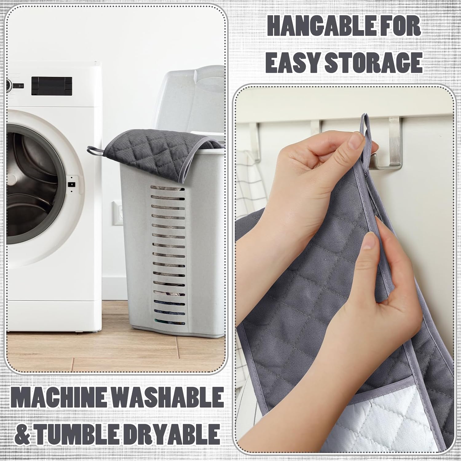 Set of 2 Double Oven Mitts Heat Resistant Gloves for Baking, Cooking, Grilling - Non Slip Kitchen Gloves in Grey - Perfect Gift for Mom, Grandma, Women