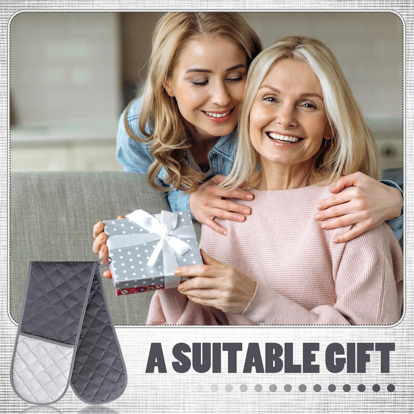 Set of 2 Double Oven Mitts Heat Resistant Gloves for Baking, Cooking, Grilling - Non Slip Kitchen Gloves in Grey - Perfect Gift for Mom, Grandma, Women