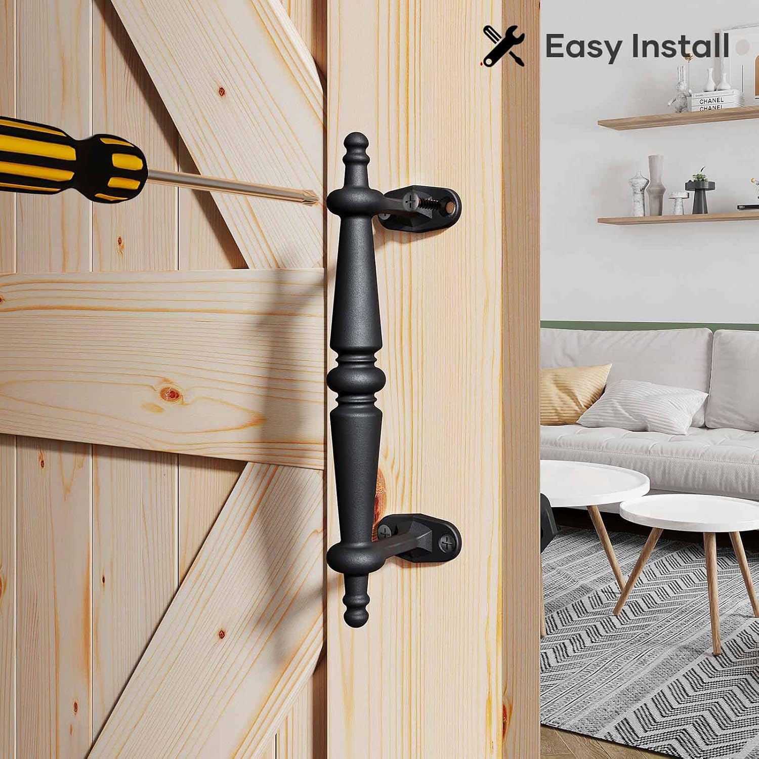 Set of 2 Easy-to-Install 9" Rustic Black Cast Iron Barn Door Pull Handles by EaseLife