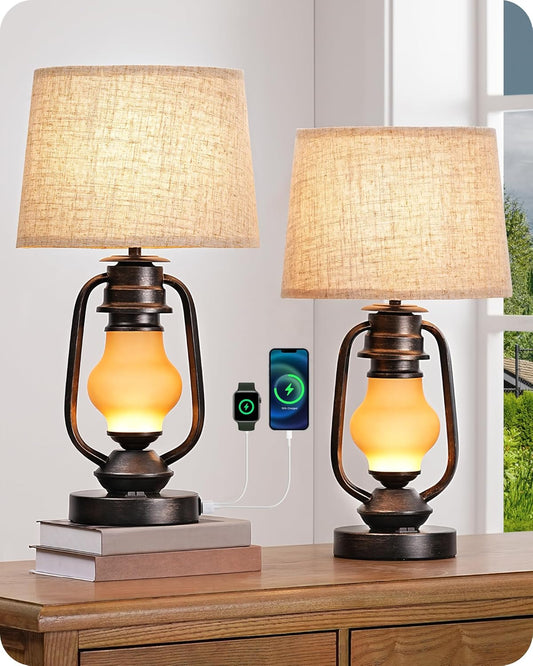 Set of 2 Farmhouse Table Lamps with LED Night Light & USB Ports - 21.65" Rustic Bedside Lamps for Living Room & Bedroom