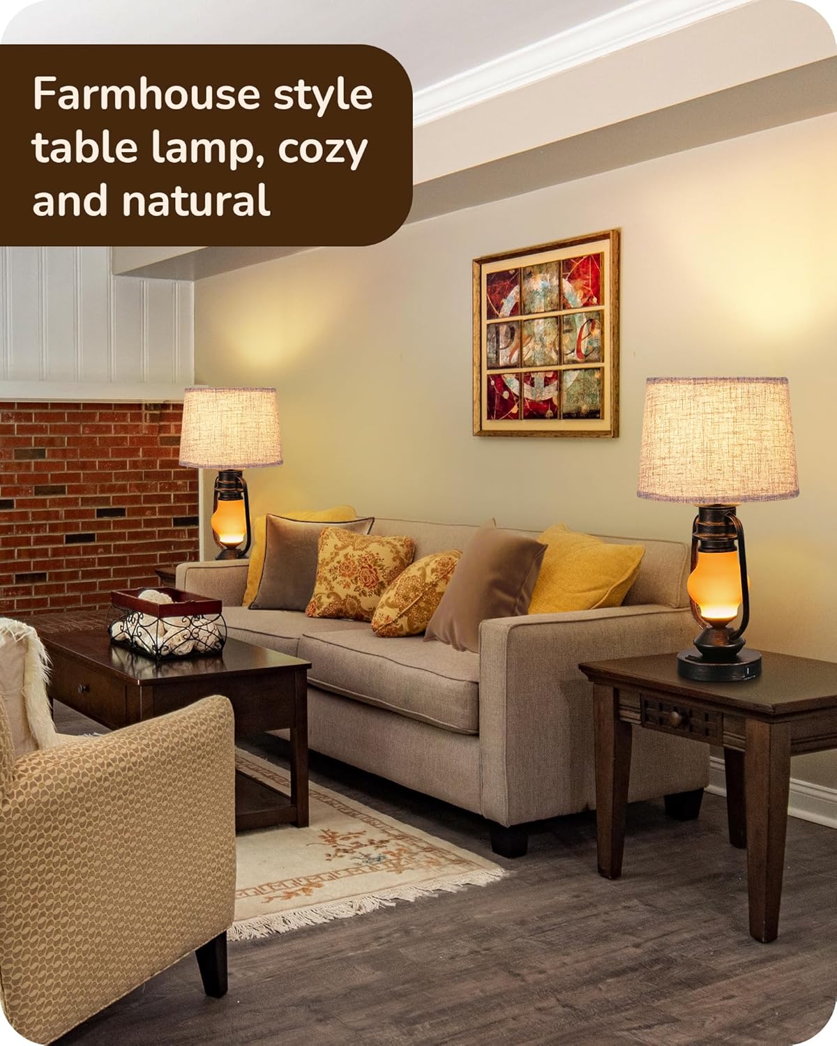 Set of 2 Farmhouse Table Lamps with LED Night Light & USB Ports - 21.65" Rustic Bedside Lamps for Living Room & Bedroom