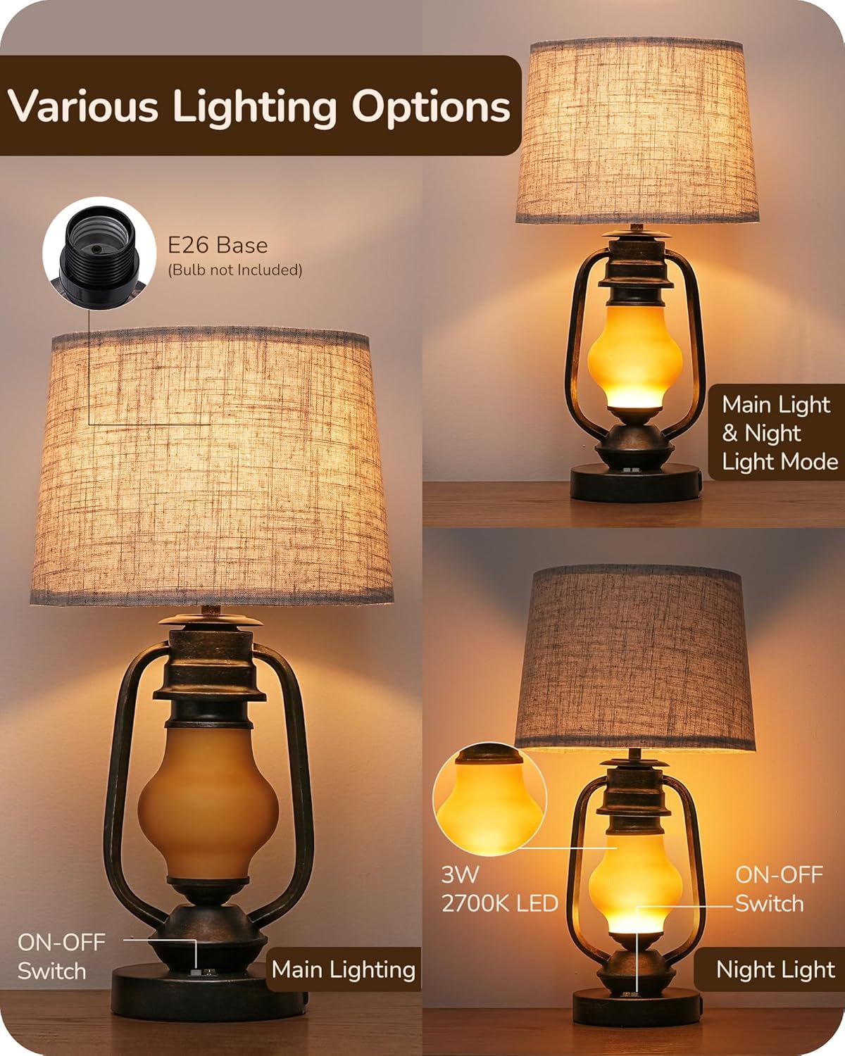 Set of 2 Farmhouse Table Lamps with LED Night Light & USB Ports - 21.65" Rustic Bedside Lamps for Living Room & Bedroom