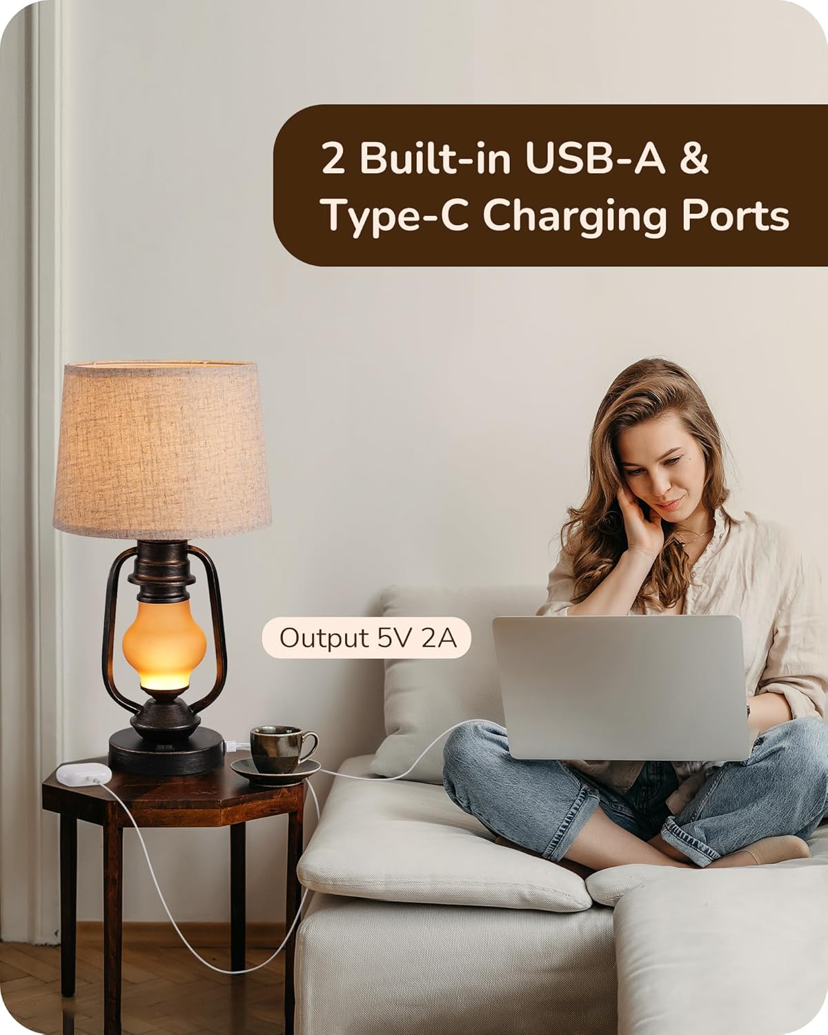 Set of 2 Farmhouse Table Lamps with LED Night Light & USB Ports - 21.65" Rustic Bedside Lamps for Living Room & Bedroom