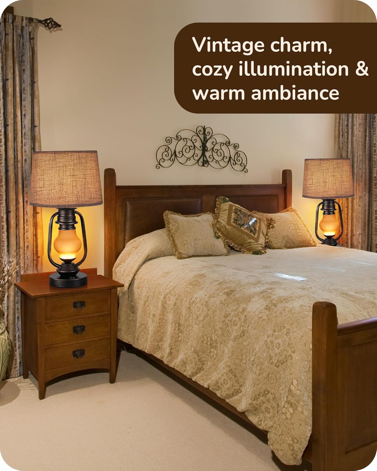 Set of 2 Farmhouse Table Lamps with LED Night Light & USB Ports - 21.65" Rustic Bedside Lamps for Living Room & Bedroom