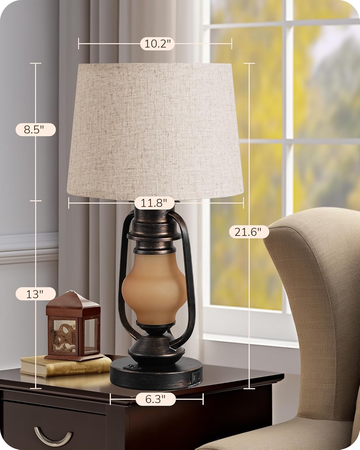 Set of 2 Farmhouse Table Lamps with LED Night Light & USB Ports - 21.65" Rustic Bedside Lamps for Living Room & Bedroom