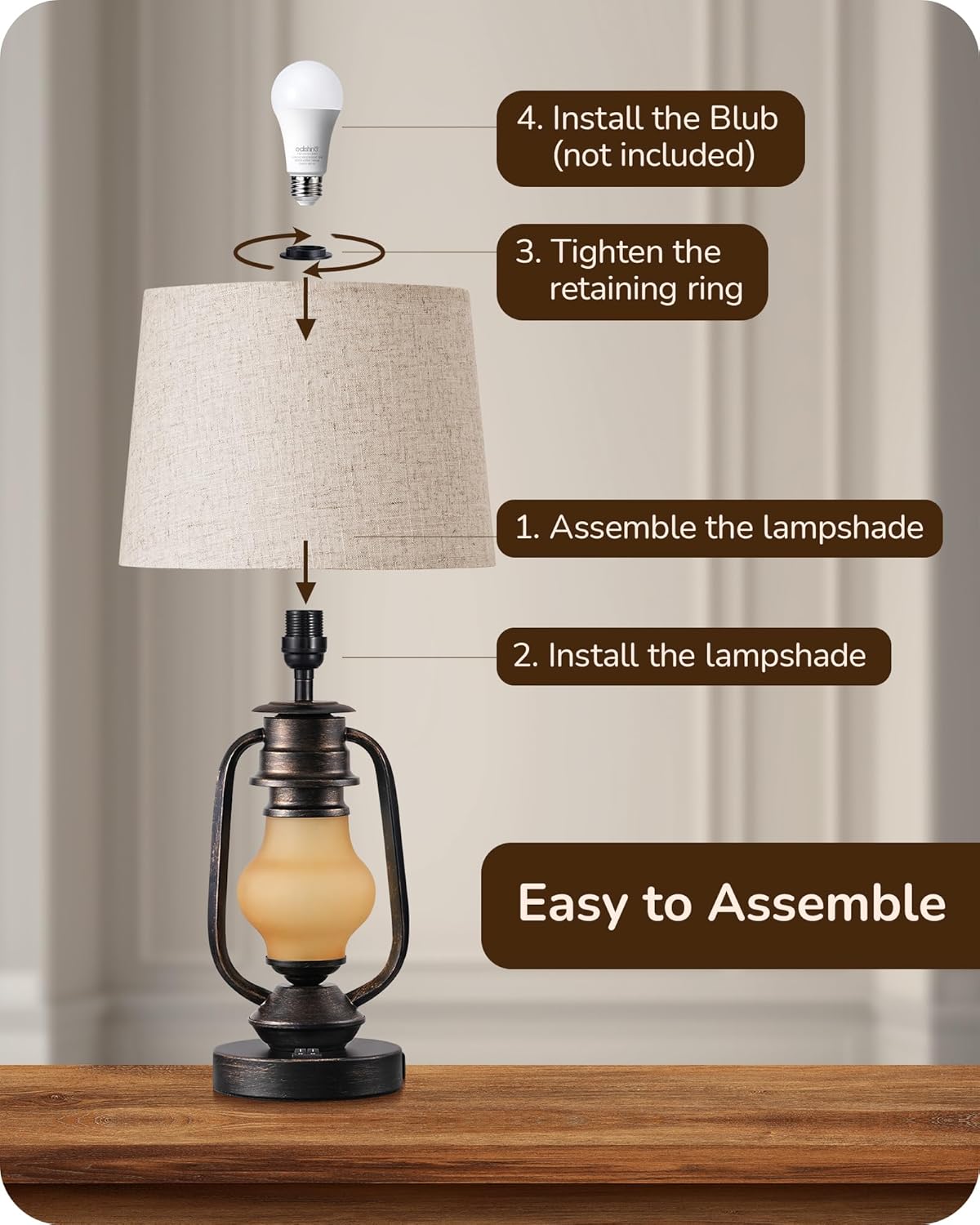 Set of 2 Farmhouse Table Lamps with LED Night Light & USB Ports - 21.65" Rustic Bedside Lamps for Living Room & Bedroom