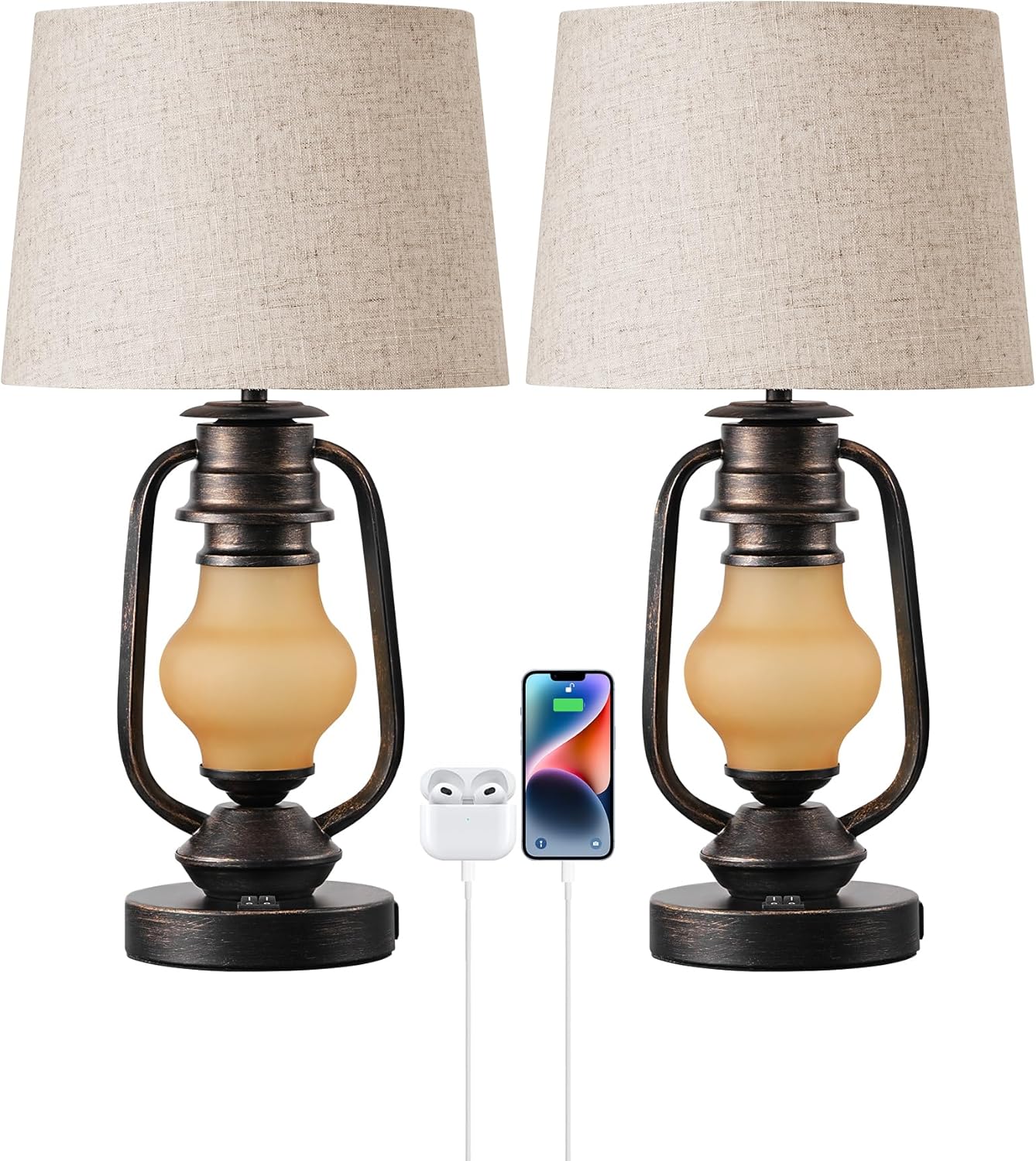 Set of 2 Farmhouse Table Lamps with LED Night Light & USB Ports - 21.65" Rustic Bedside Lamps for Living Room & Bedroom