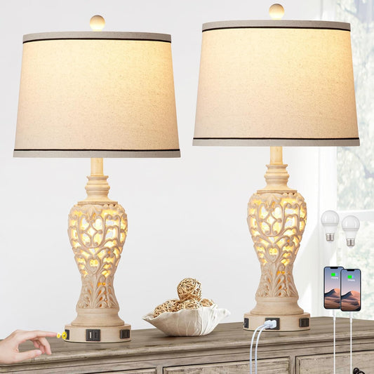 Set of 2 Farmhouse Table Lamps with Nightlight, Dual USB & AC Outlet, White Vintage Nightstand Lamps for Bedroom Living Room