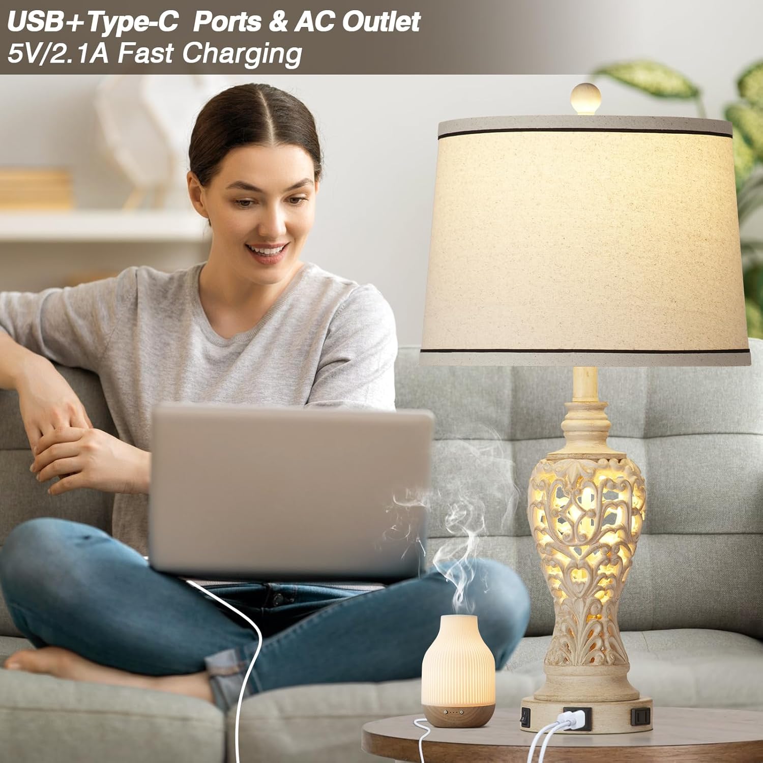 Set of 2 Farmhouse Table Lamps with Nightlight, Dual USB & AC Outlet, White Vintage Nightstand Lamps for Bedroom Living Room