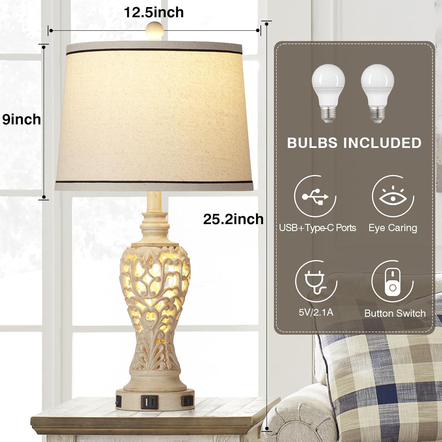 Set of 2 Farmhouse Table Lamps with Nightlight, Dual USB & AC Outlet, White Vintage Nightstand Lamps for Bedroom Living Room