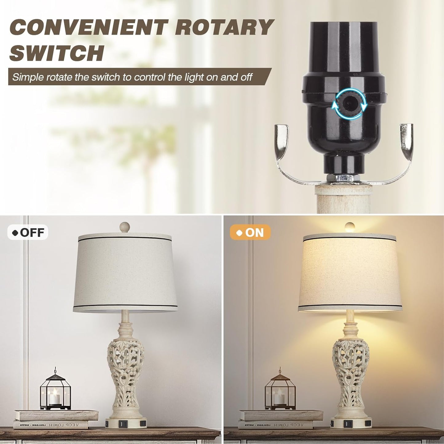 Set of 2 Farmhouse Table Lamps with Nightlight, Dual USB & AC Outlet, White Vintage Nightstand Lamps for Bedroom Living Room