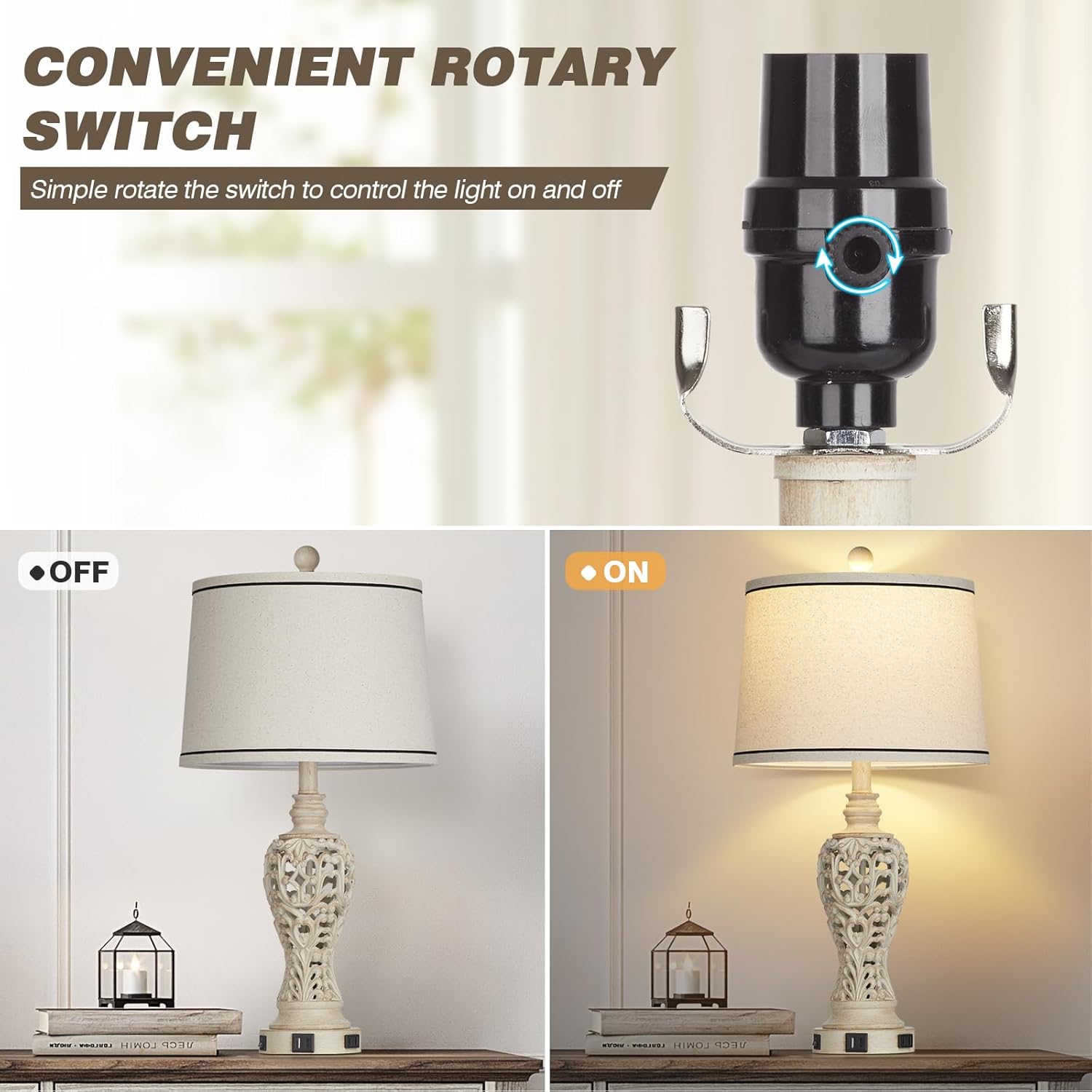 Set of 2 Farmhouse Table Lamps with Nightlight, Dual USB & AC Outlet, White Vintage Nightstand Lamps for Bedroom Living Room