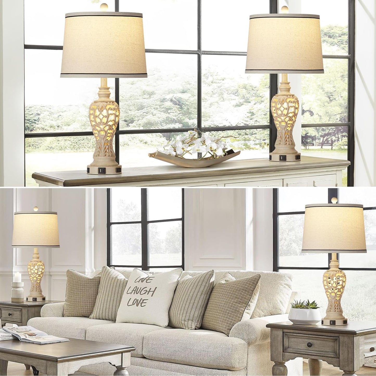 Set of 2 Farmhouse Table Lamps with Nightlight, Dual USB & AC Outlet, White Vintage Nightstand Lamps for Bedroom Living Room
